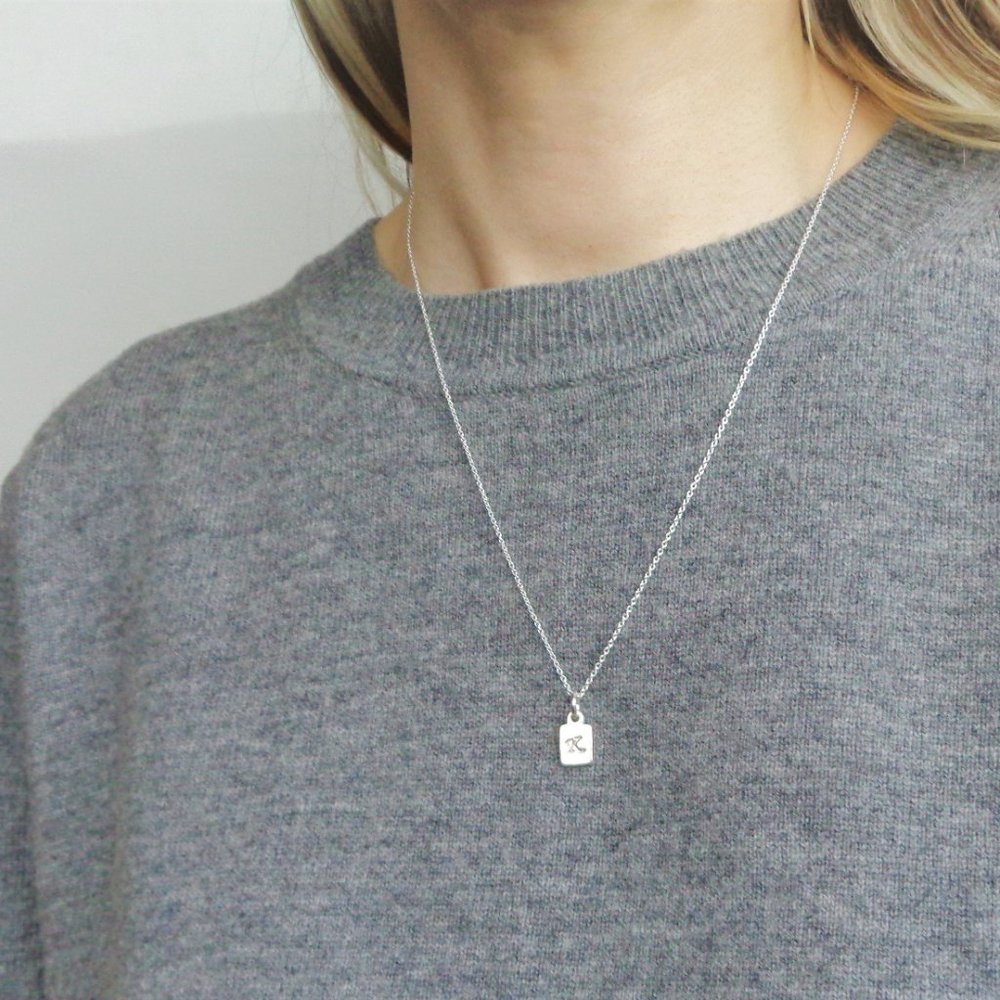 Sterling Silver Mini Dog Tag Personalized Initial Charm Necklace Stamped 925